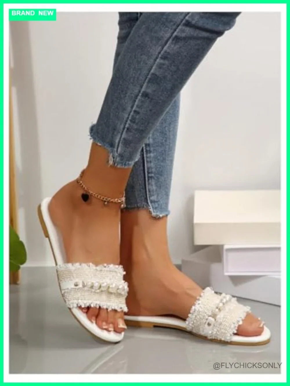 Pearl Chain Slide Sandals, Open Toe Slip On Flat Sandals for Women